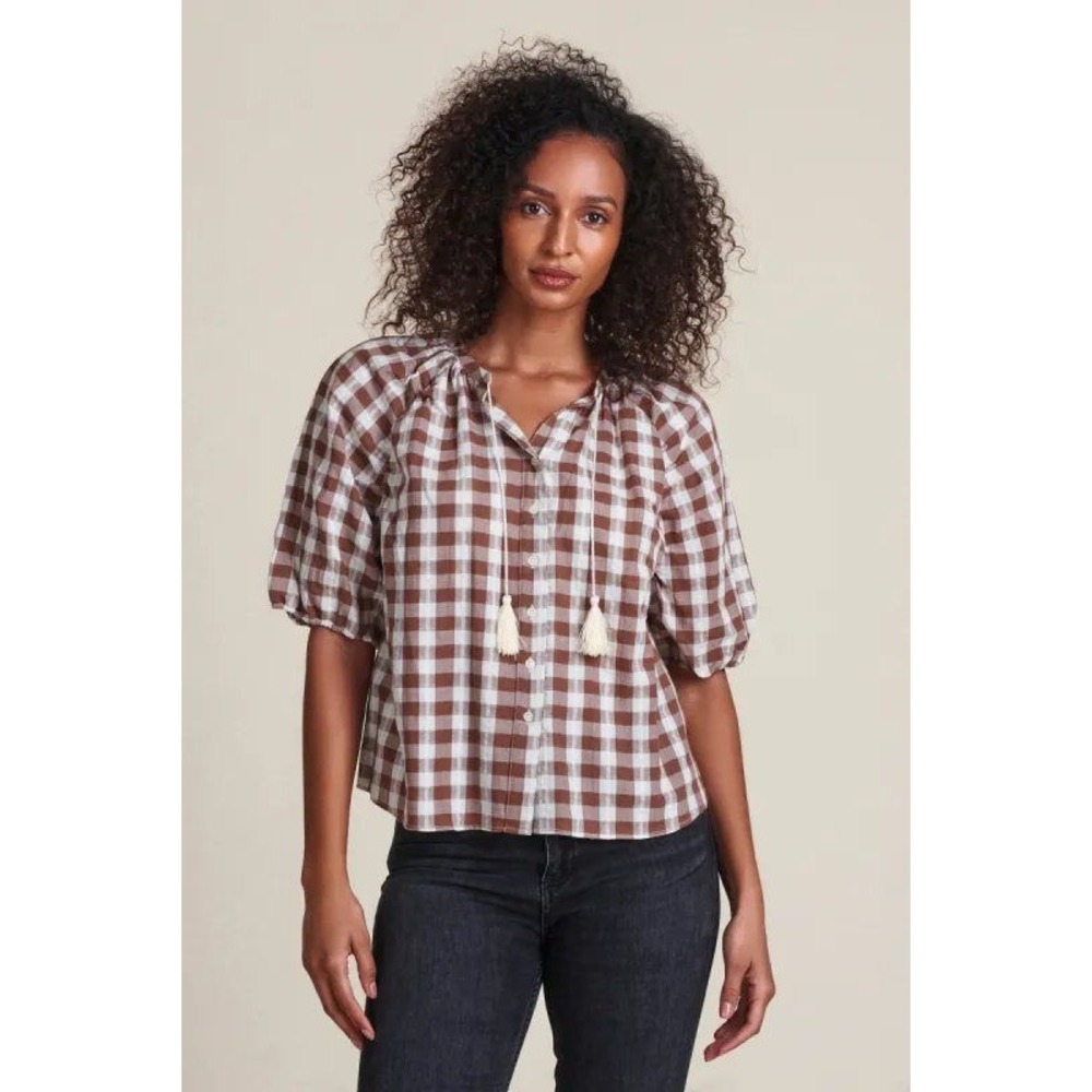 The Shirt Rochelle Behrens Cotton Gingham Tassel Antoinette Blouse Brown Size M